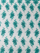 Floral Damask Lace Fabric - Jade Green - Embroidered Damask Flowers on Lace Fabric By Yard