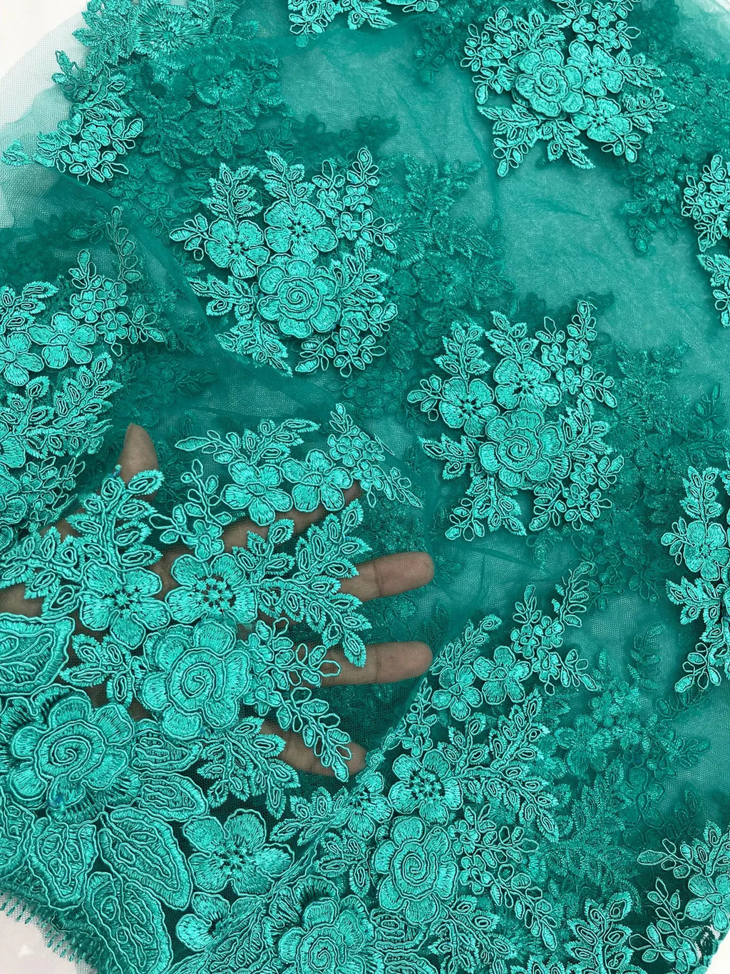 Corded Floral 3D Fabric - Jade Green - Embroidered Floral Design on Lace Mesh Fabric by Yard