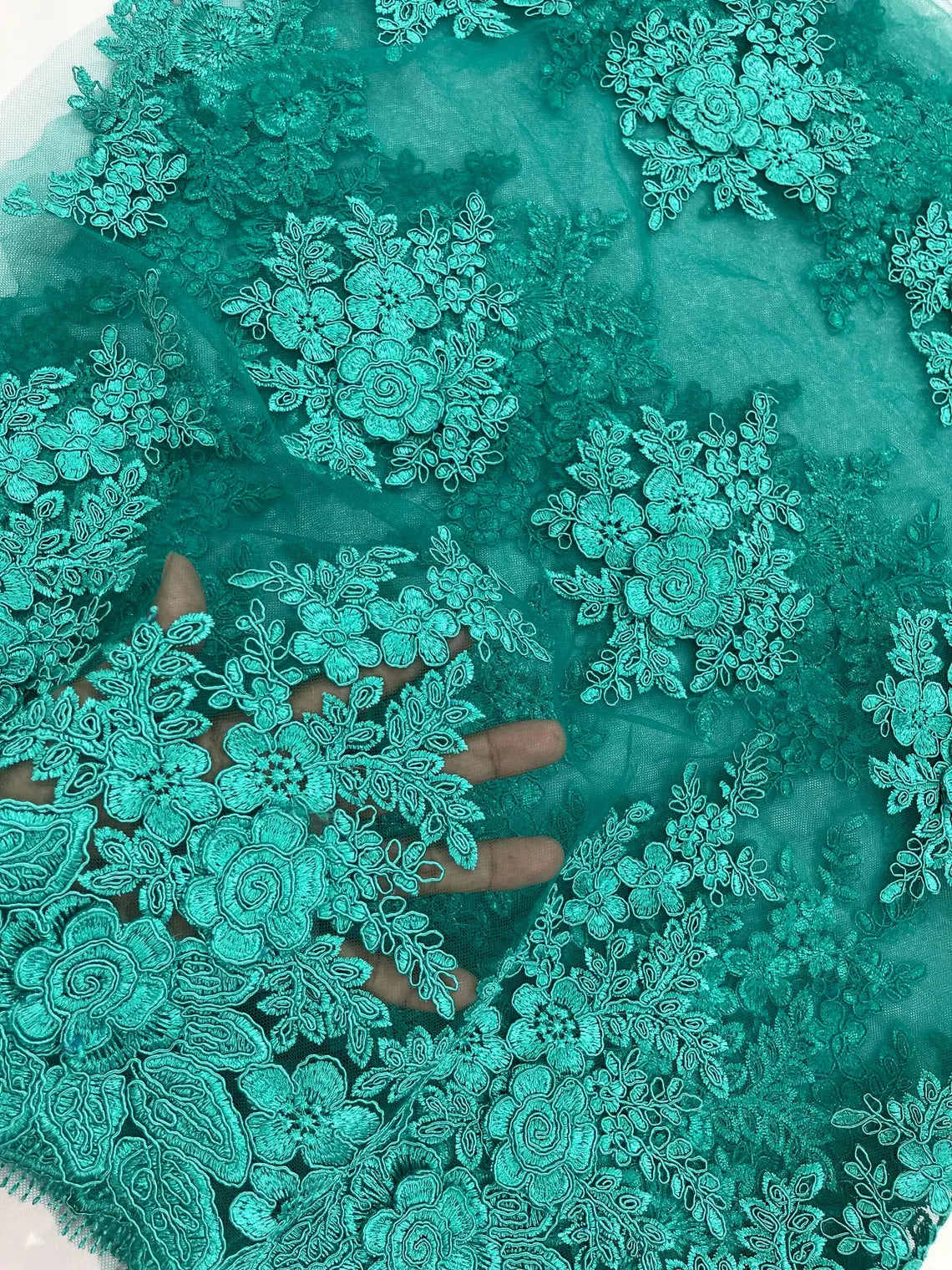 Corded Floral 3D Fabric - Jade Green - Embroidered Floral Design on Lace Mesh Fabric by Yard