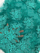 Corded Floral 3D Fabric - Jade Green - Embroidered Floral Design on Lace Mesh Fabric by Yard