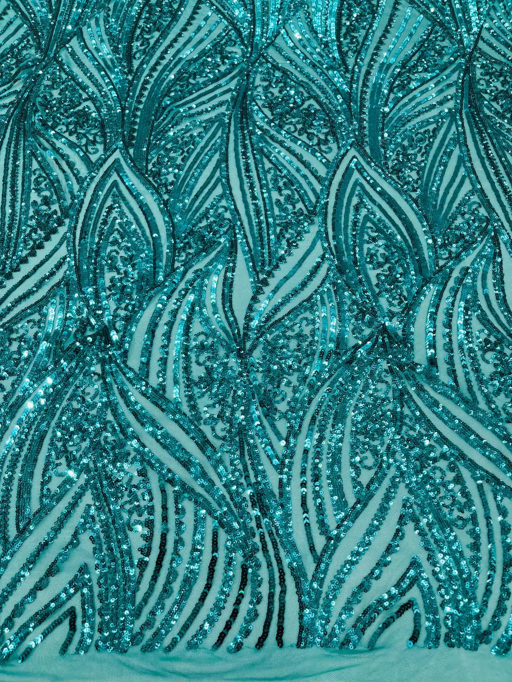 Curvy Line Design Fabric - Jade Green - 4 Way Stretch Sequins Design Mesh Lace Fabric by Yard