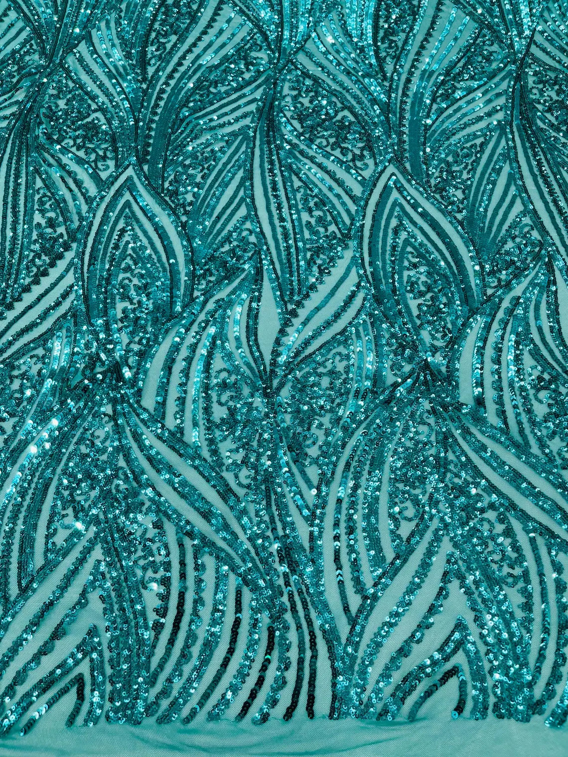Curvy Line Design Fabric - Jade Green - 4 Way Stretch Sequins Design Mesh Lace Fabric by Yard