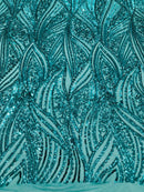 Curvy Line Design Fabric - Jade Green - 4 Way Stretch Sequins Design Mesh Lace Fabric by Yard