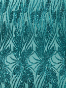 Wavy Leaf Sequins Fabric - Jade Green - Wavy Lines and Leaves Design on Lace Mesh Fabric by Yard