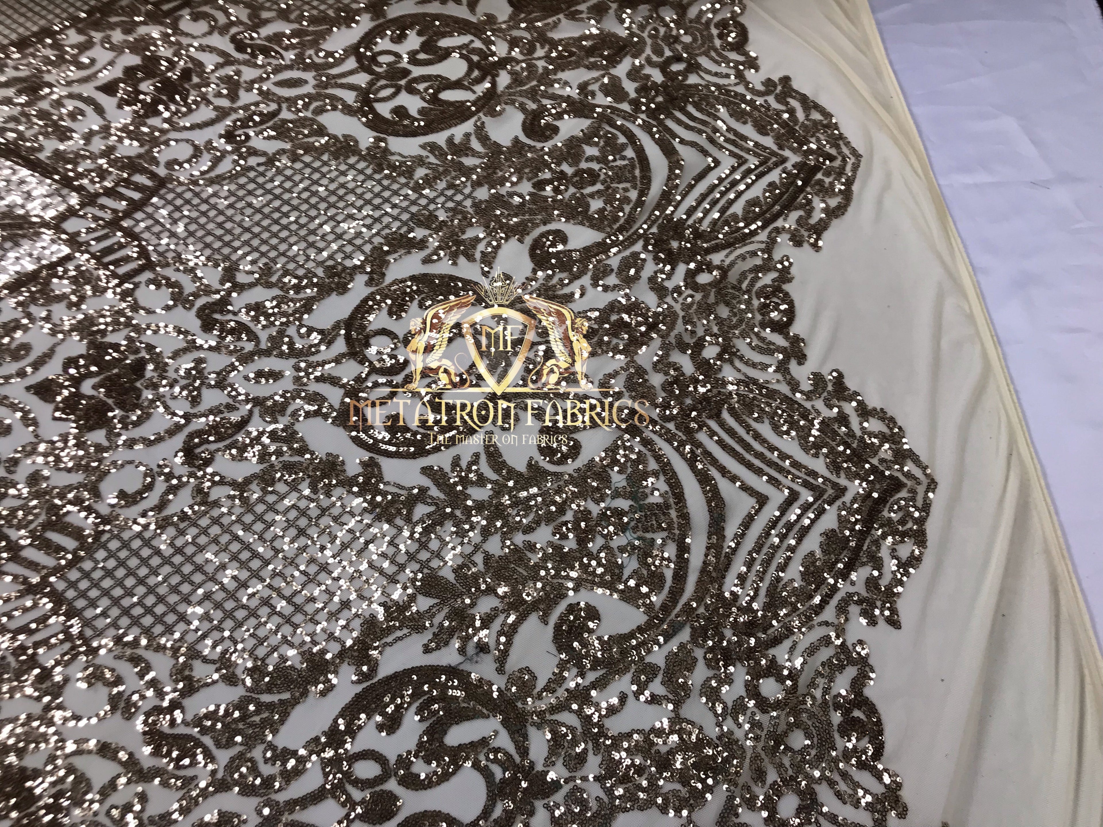 Sequins - Champagne - 4 Way Stretch Fancy Fabric Embroidered On Mesh Sold By The Yard