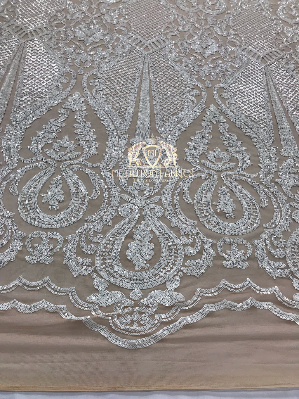 Sequins - White on Nude Mesh - 4 Way Stretch Fancy Fabric Embroidered On Mesh Sold By The Yard