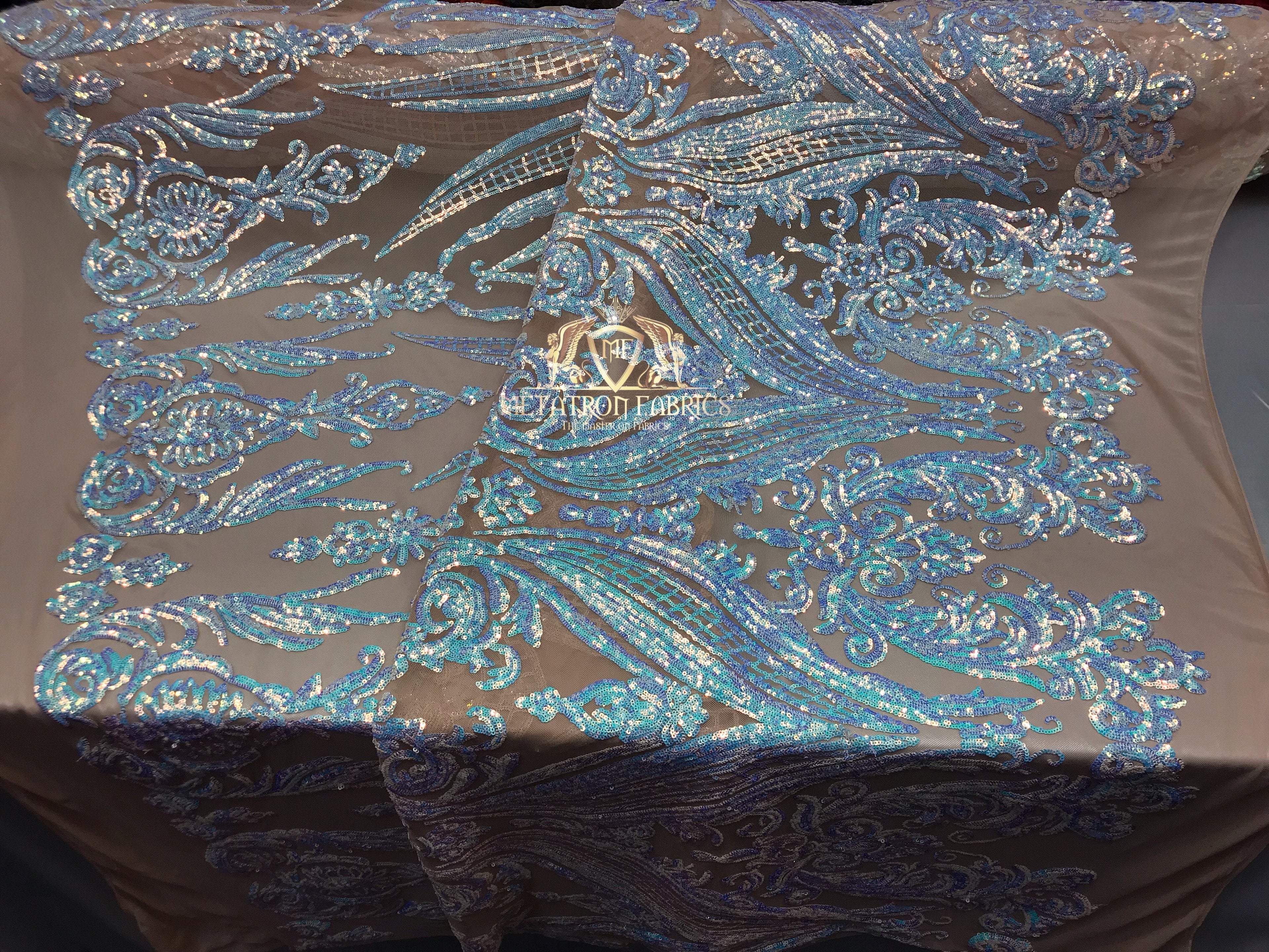 Big Damask Sequins Fabric - Iridescent Aqua - 4 Way Stretch Damask Sequins Design Fabric By Yard