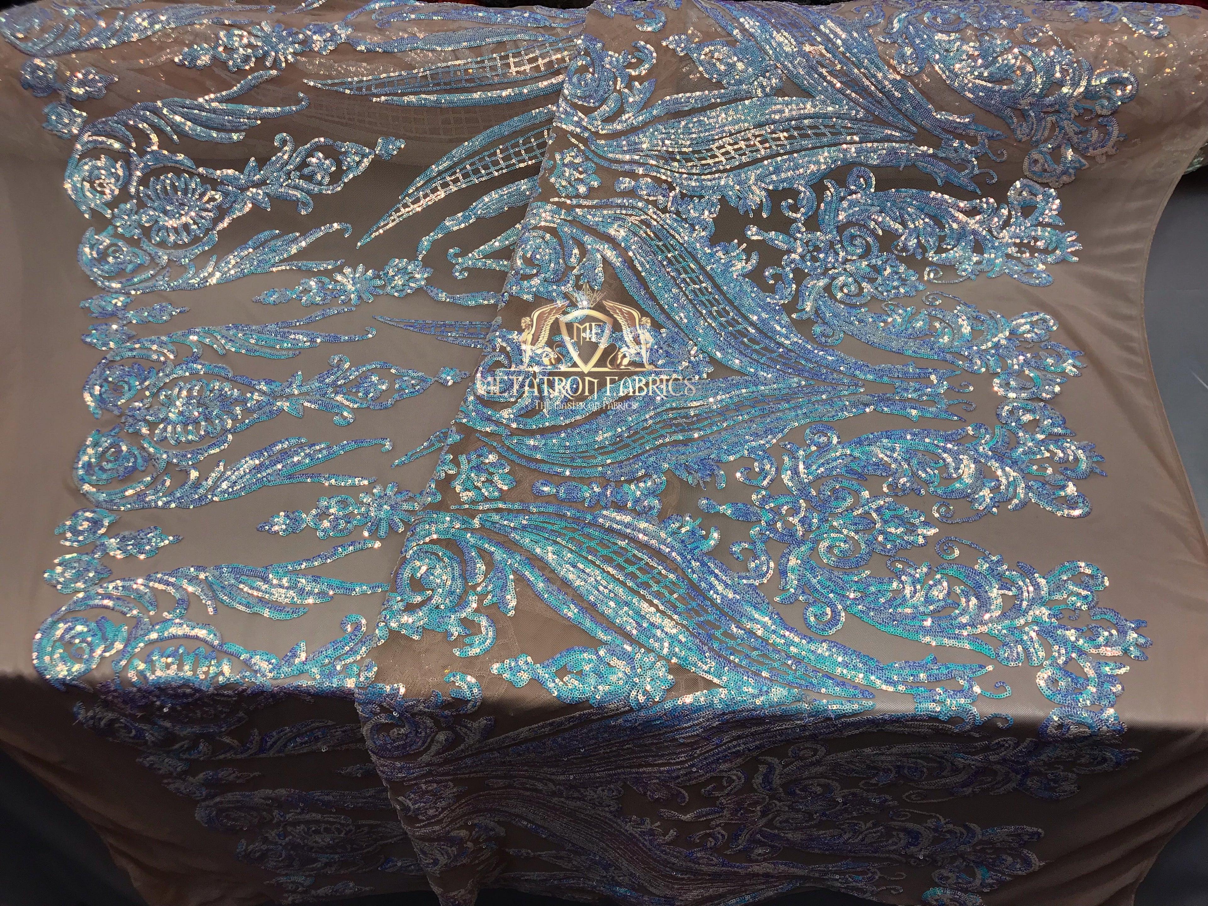 Big Damask Sequins Fabric - Iridescent Aqua - 4 Way Stretch Damask Sequins Design Fabric By Yard