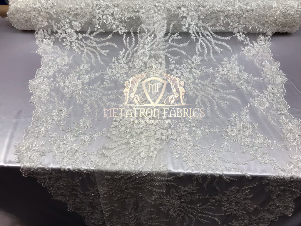 Beaded -Ivory- Fancy Flower Design Sequins Fabric with Beads Sold By The Yard