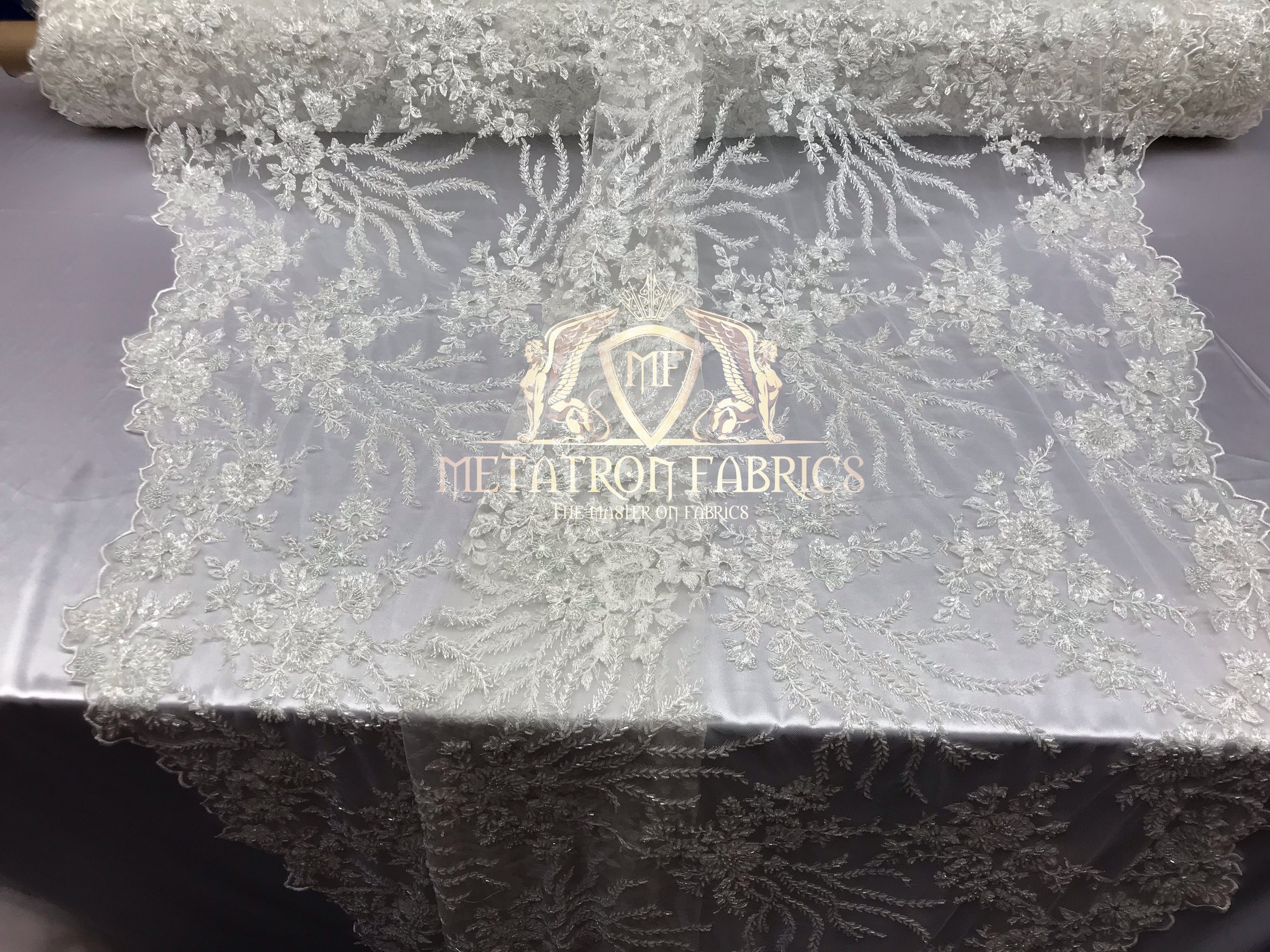 Beaded -Ivory- Fancy Flower Design Sequins Fabric with Beads Sold By The Yard
