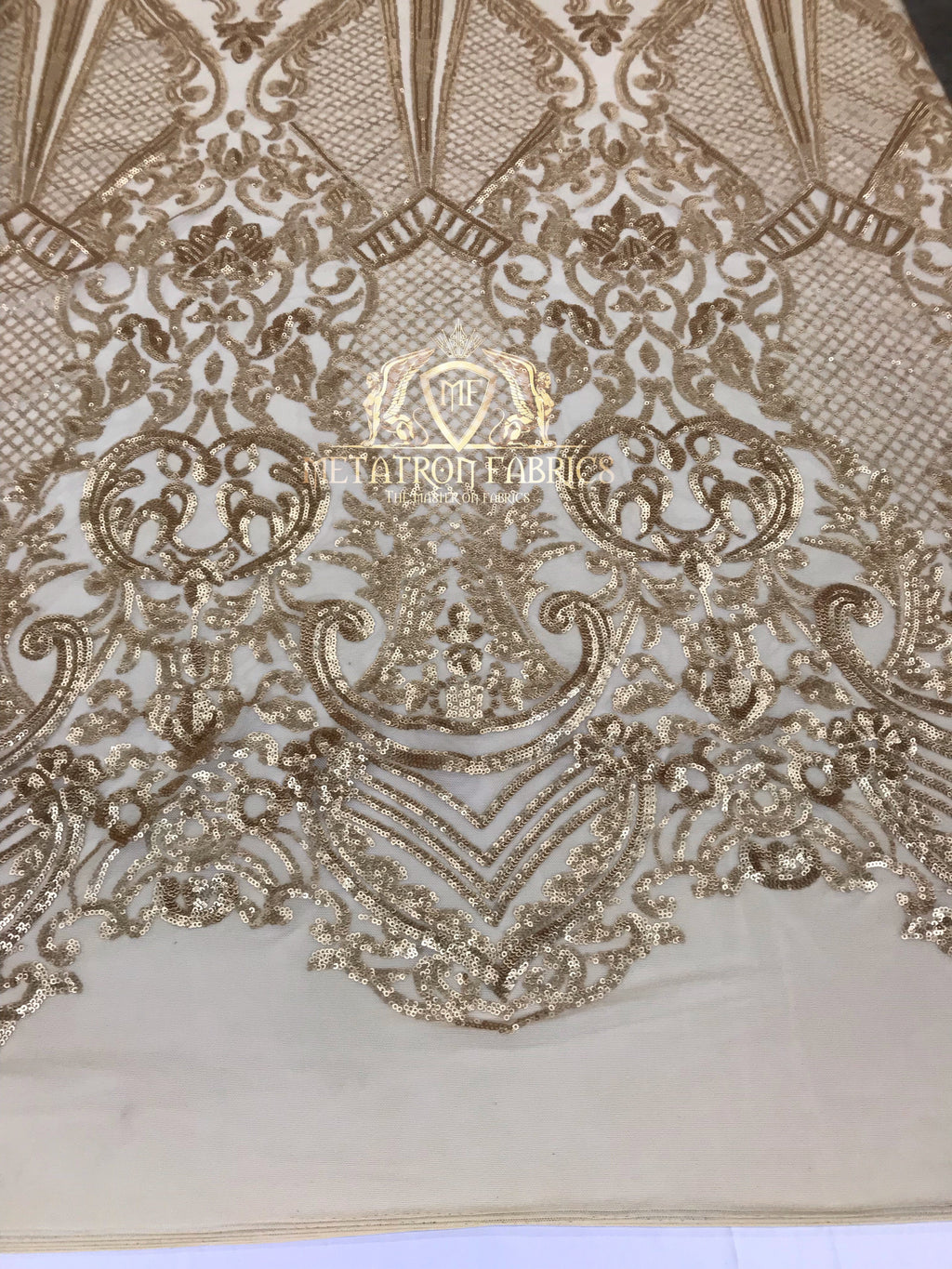 Sequins - Gold - 4 Way Stretch Fancy Fabric Embroidered On Mesh Sold By The Yard
