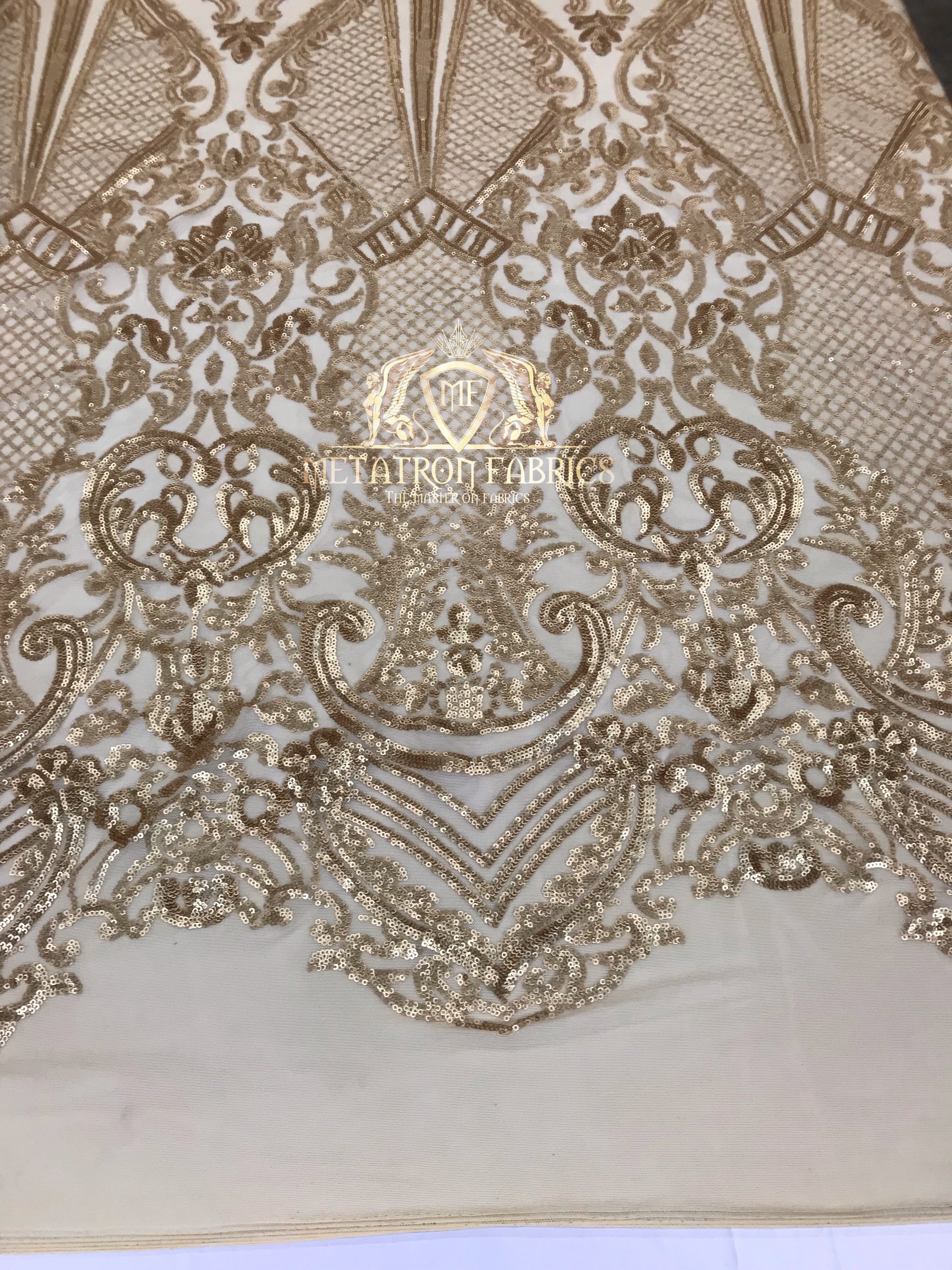 Sequins - Gold - 4 Way Stretch Fancy Fabric Embroidered On Mesh Sold By The Yard