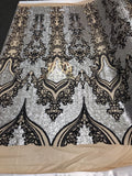4 Way Stretch - Silver and Black - Two Tone Flower Design Sequins On Stretch Mesh By The Yard