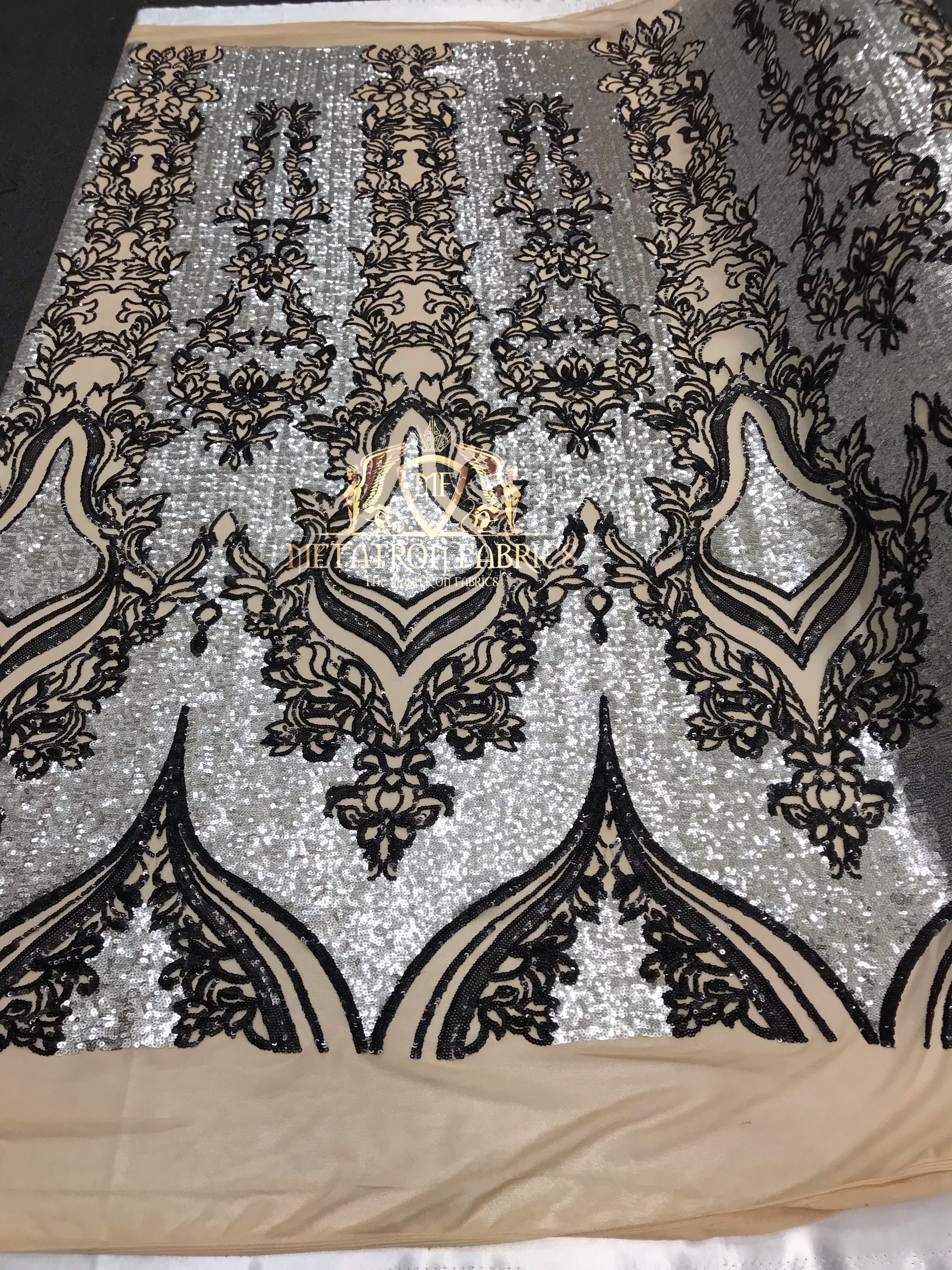 4 Way Stretch - Silver and Black - Two Tone Flower Design Sequins On Stretch Mesh By The Yard