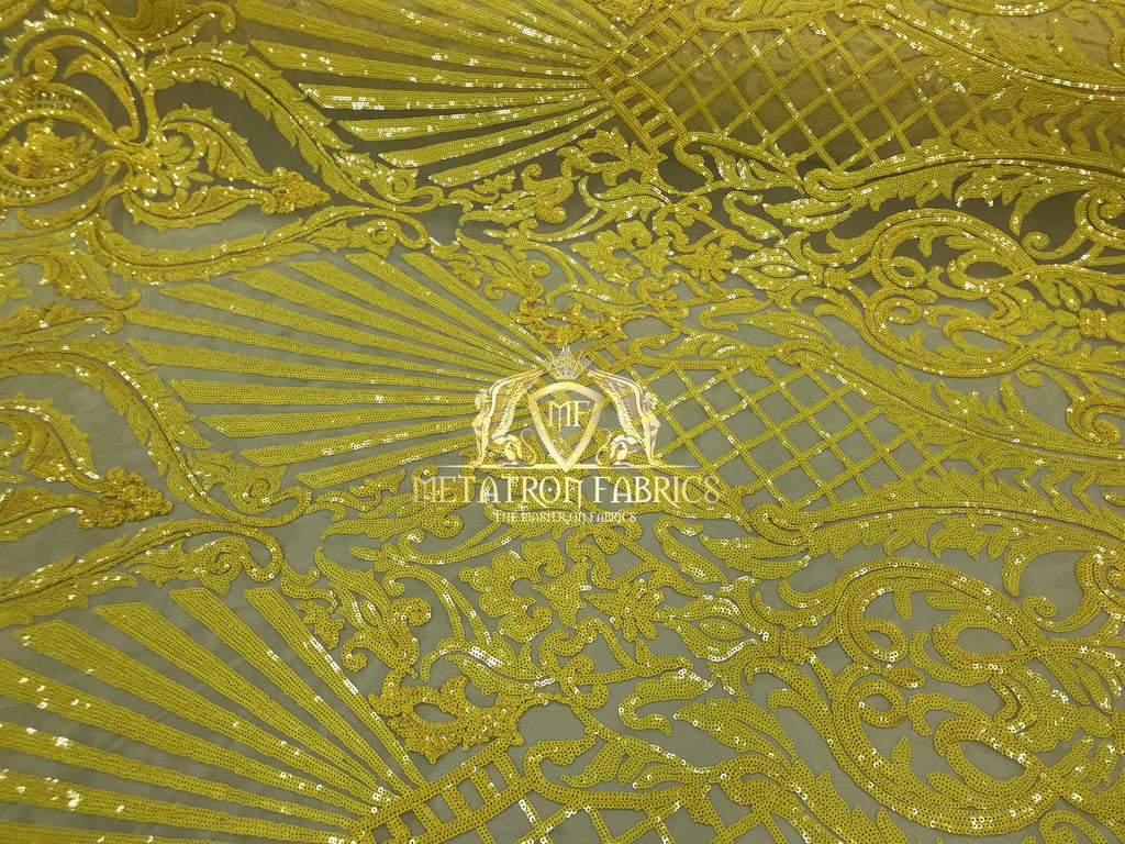 Sequins - Yellow - 4 Way Stretch Damask Design Fabric On Stretch Mesh By The Yard
