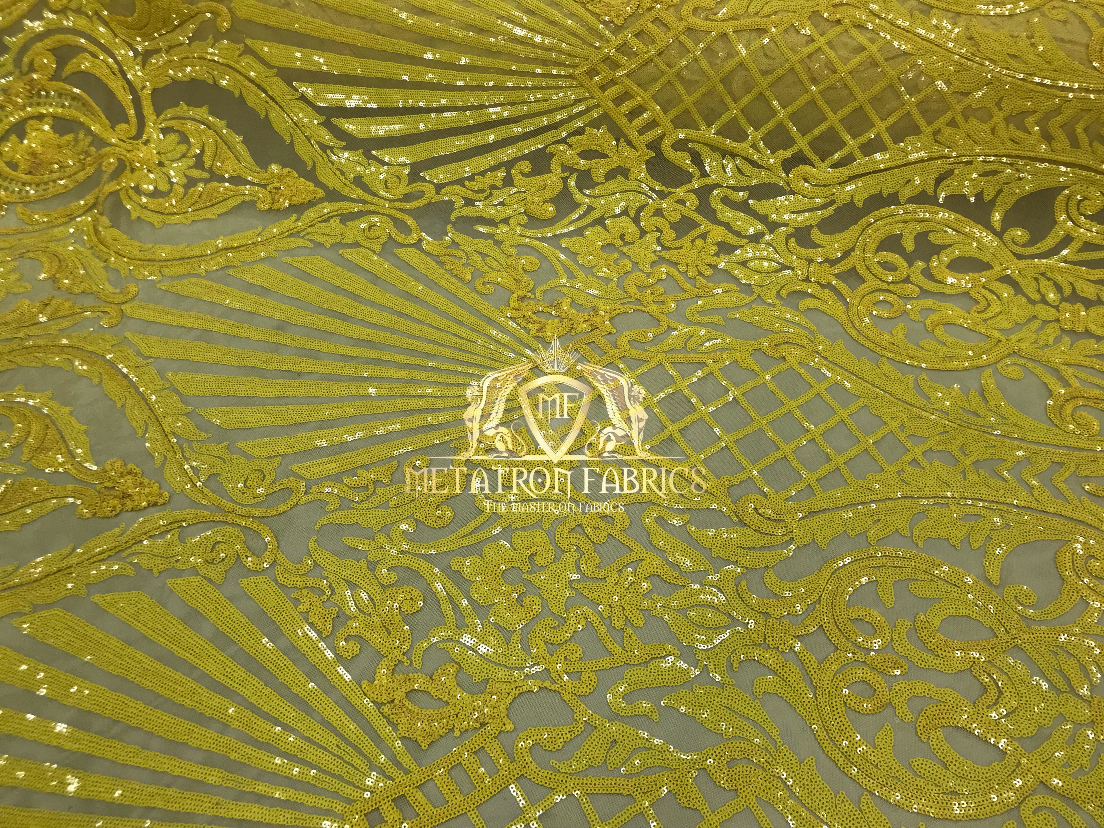 Sequins - Yellow - 4 Way Stretch Damask Design Fabric On Stretch Mesh By The Yard