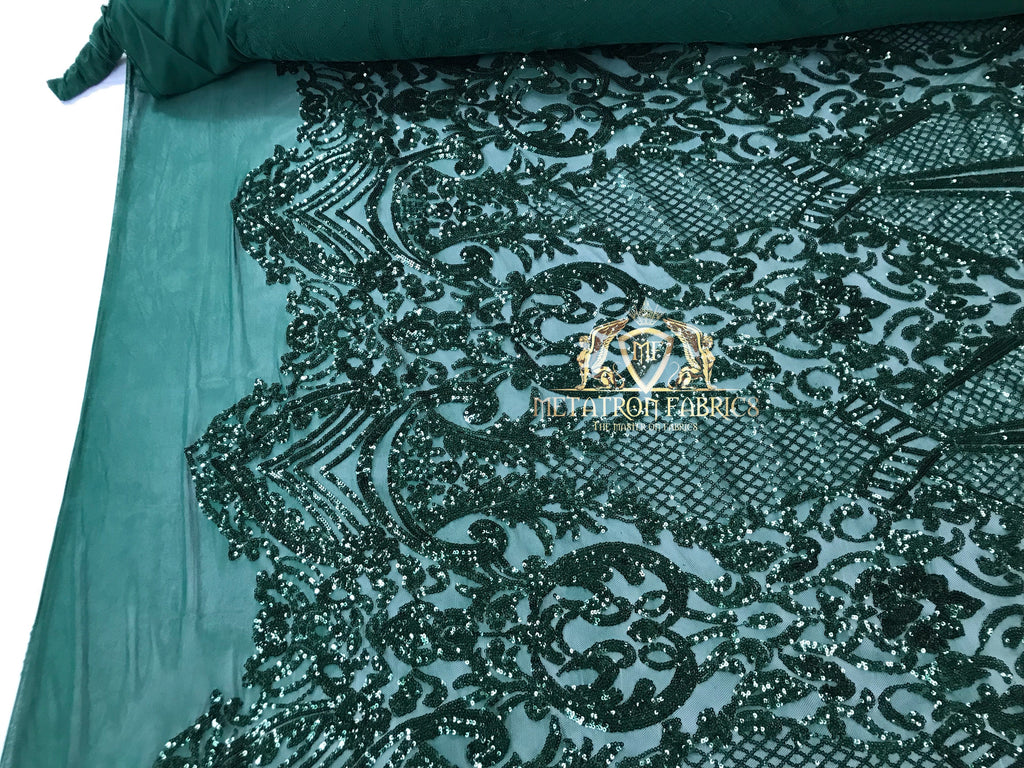 Sequins - Hunter Green - 4 Way Stretch Fancy Fabric Embroidered On Mesh Sold By The Yard