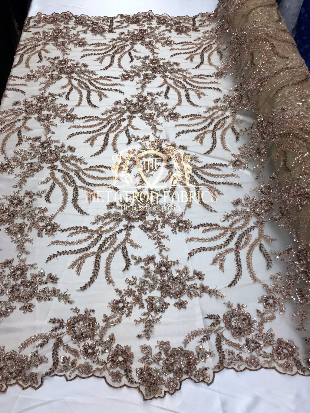 Beaded - Champagne - Fancy Flower Design Sequins Fabric with Beads Sold By The Yard