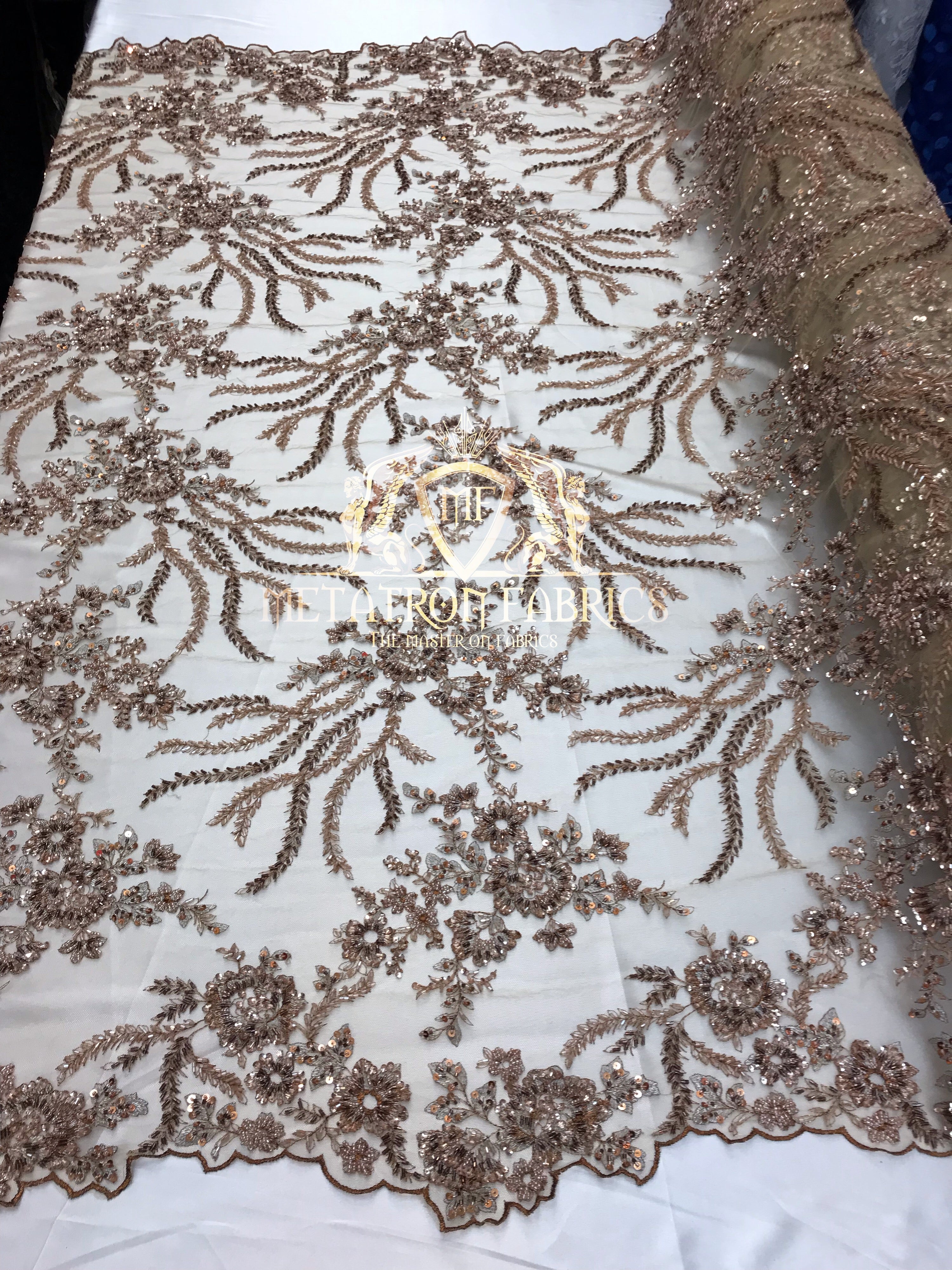 Beaded - Champagne - Fancy Flower Design Sequins Fabric with Beads Sold By The Yard