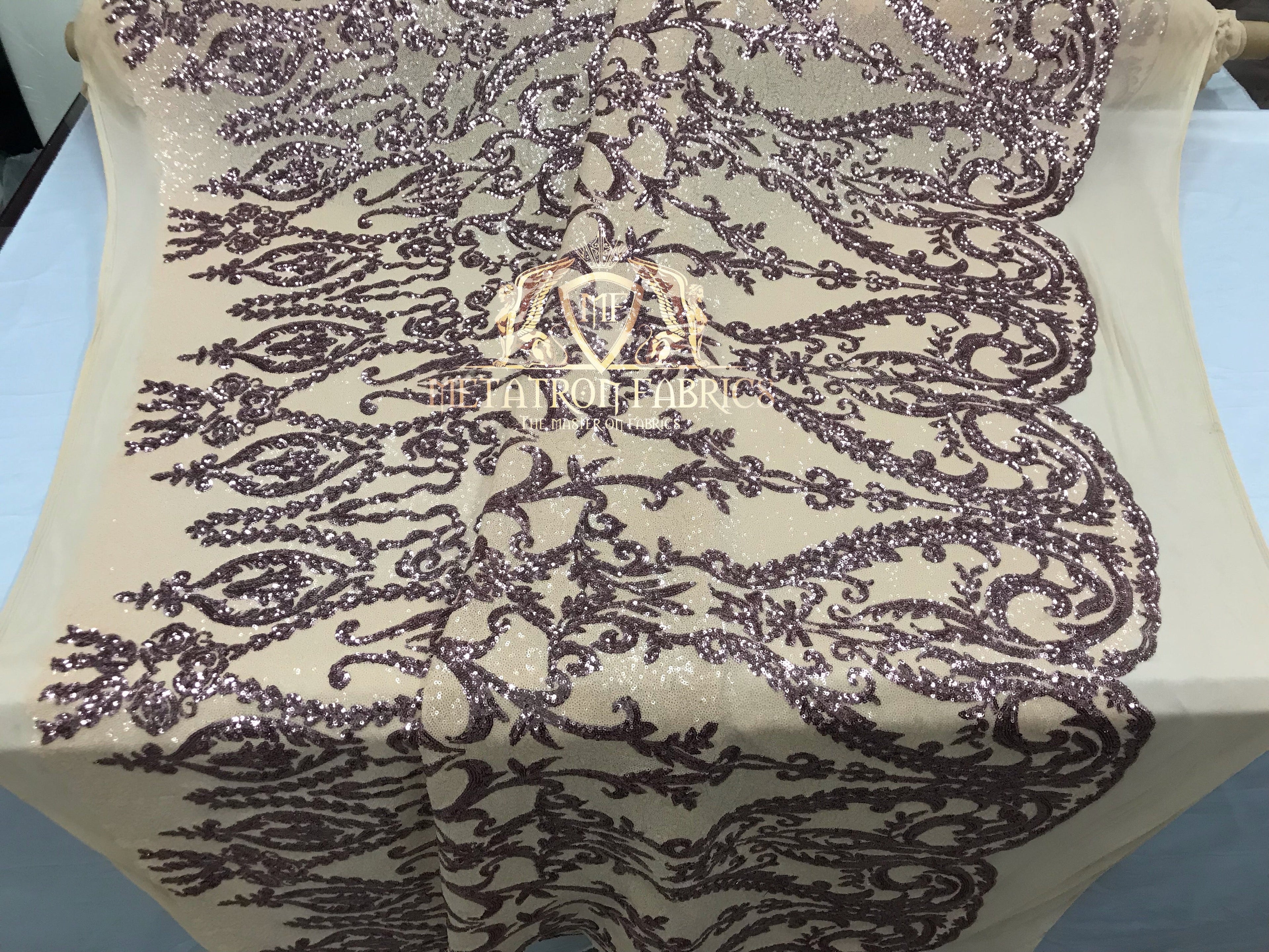 Two Tone Sequins - Dusty Rose/ Nude - 4 Way Stretch Fancy Design Mesh Fabric Sold By The Yard