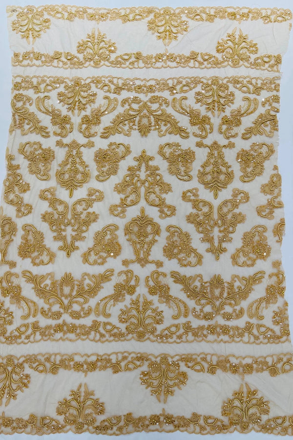 Beaded My Lady Damask Design - Khaki - Beaded Fancy Damask Embroidered Fabric By Yard