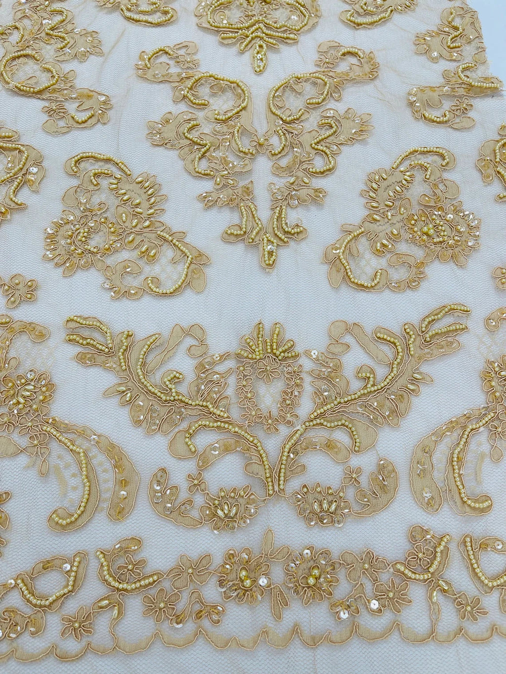 Beaded My Lady Damask Design - Khaki - Beaded Fancy Damask Embroidered Fabric By Yard