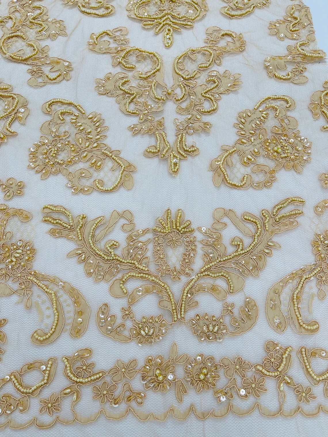 Beaded My Lady Damask Design - Khaki - Beaded Fancy Damask Embroidered Fabric By Yard
