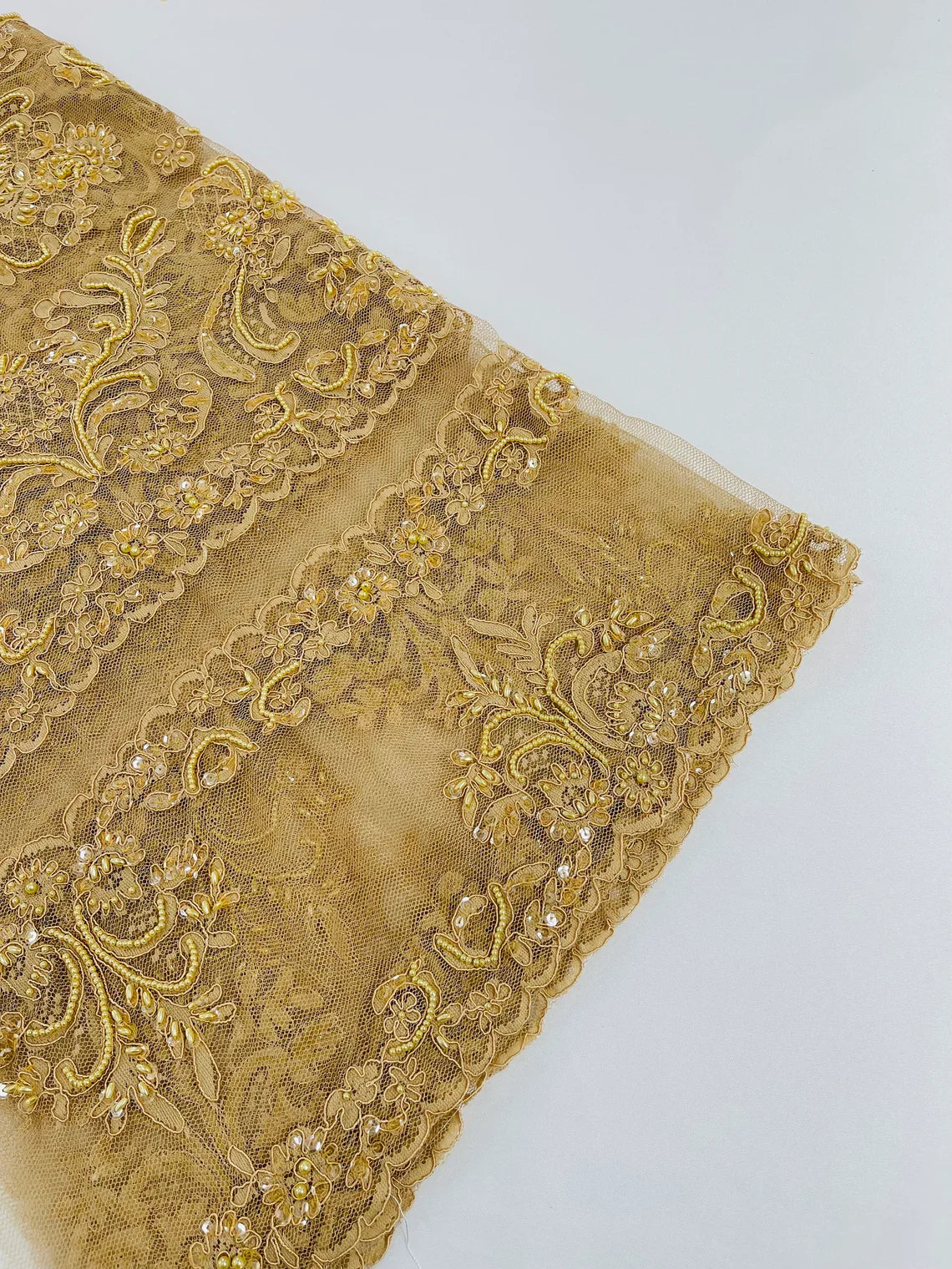Beaded My Lady Damask Design - Khaki - Beaded Fancy Damask Embroidered Fabric By Yard