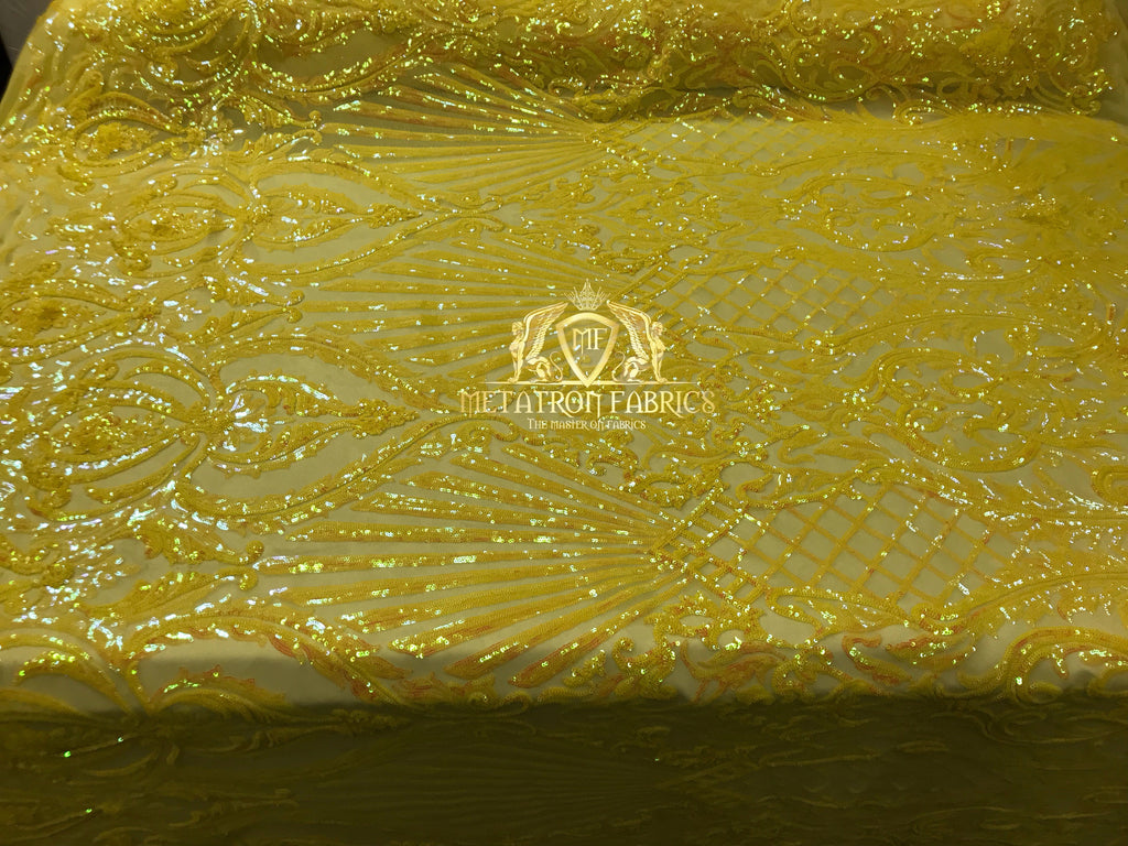 Iridescent Sequins - Yellow - 4 Way Stretch Damask Design Fabric On Stretch Mesh By The Yard