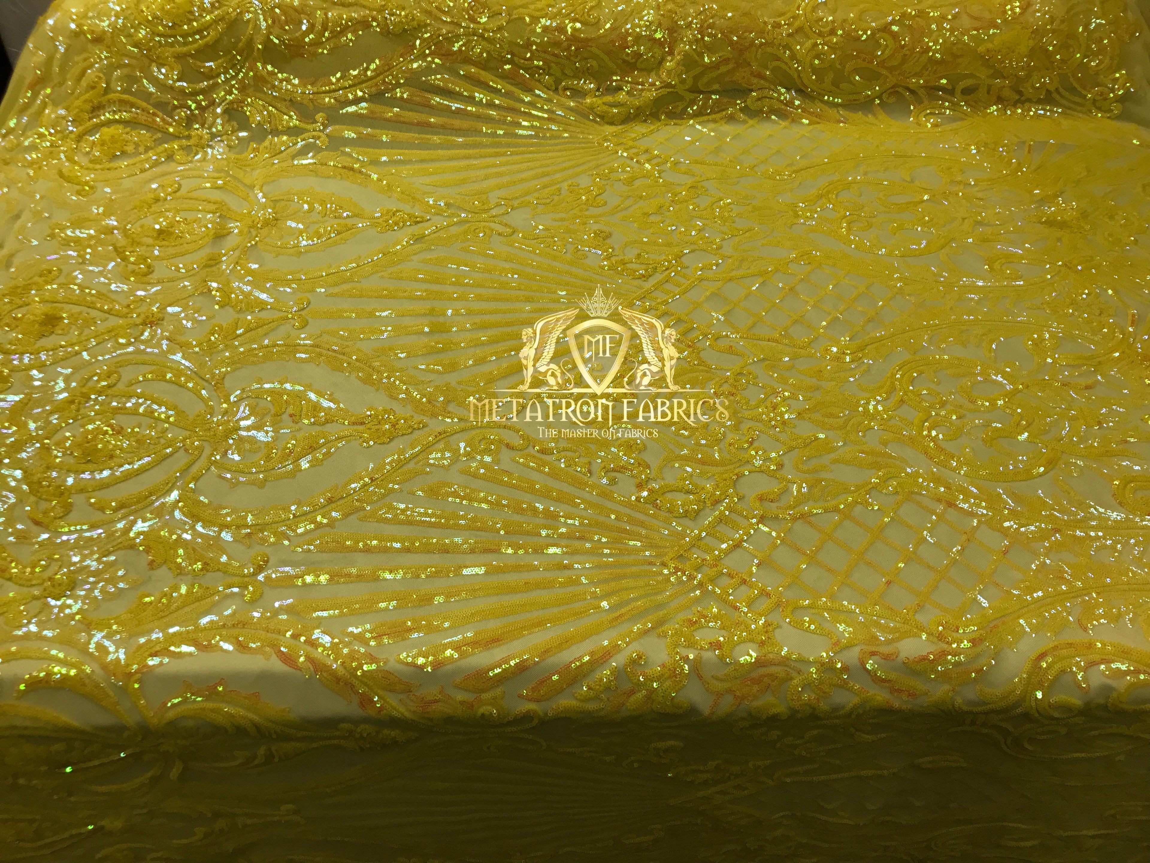 Iridescent Sequins - Yellow - 4 Way Stretch Damask Design Fabric On Stretch Mesh By The Yard