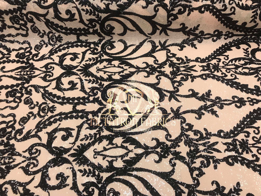 Two Tone Sequins - Nude / Black - 4 Way Stretch Fancy Sequins Design Mesh Fabric Sold By The Yard