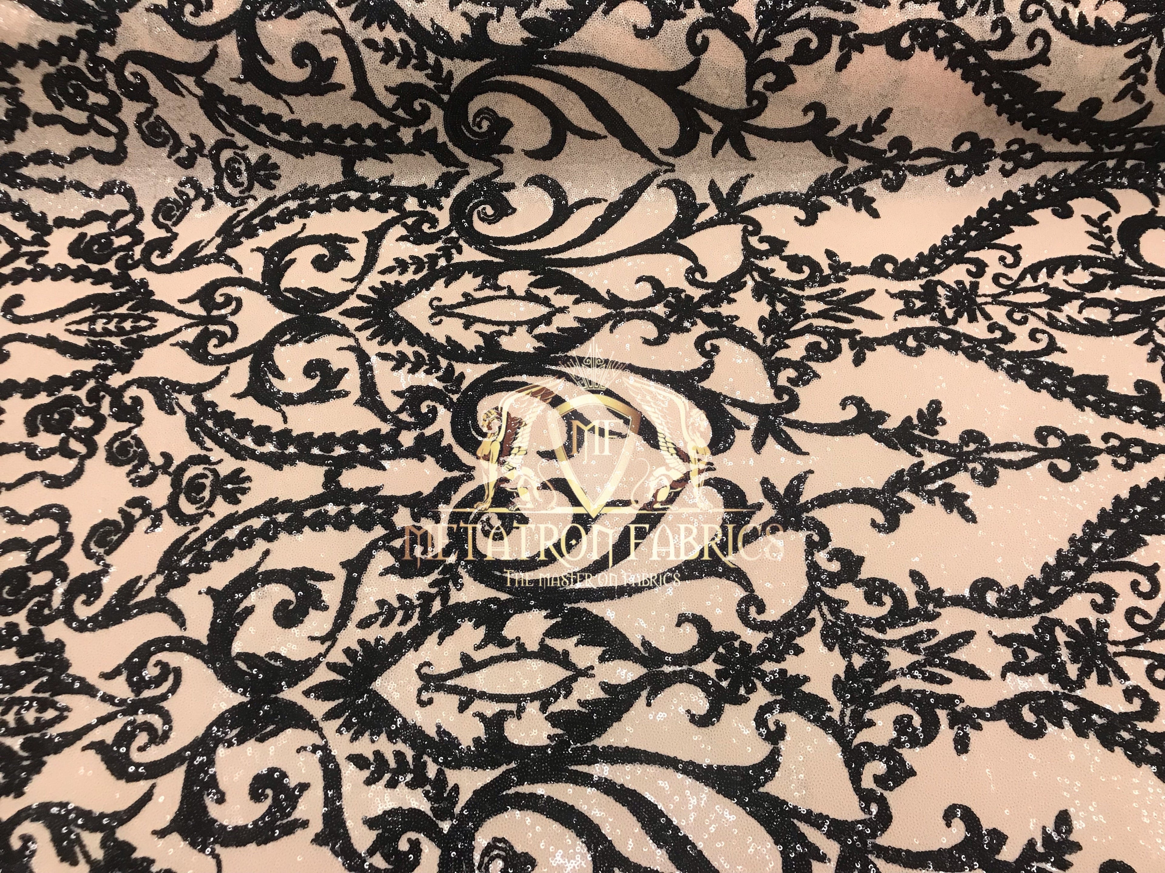 Two Tone Sequins - Nude / Black - 4 Way Stretch Fancy Sequins Design Mesh Fabric Sold By The Yard