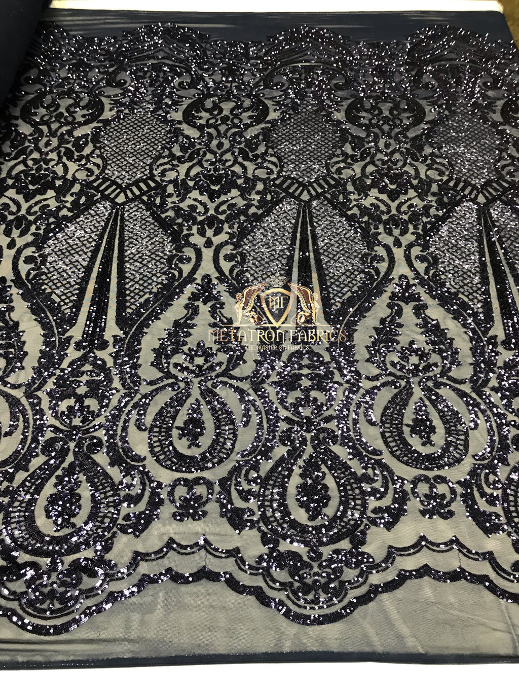 Sequins - Navy - 4 Way Stretch Fancy Fabric Embroidered On Mesh Sold By The Yard