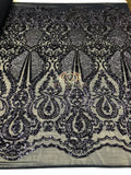 Sequins - Navy - 4 Way Stretch Fancy Fabric Embroidered On Mesh Sold By The Yard