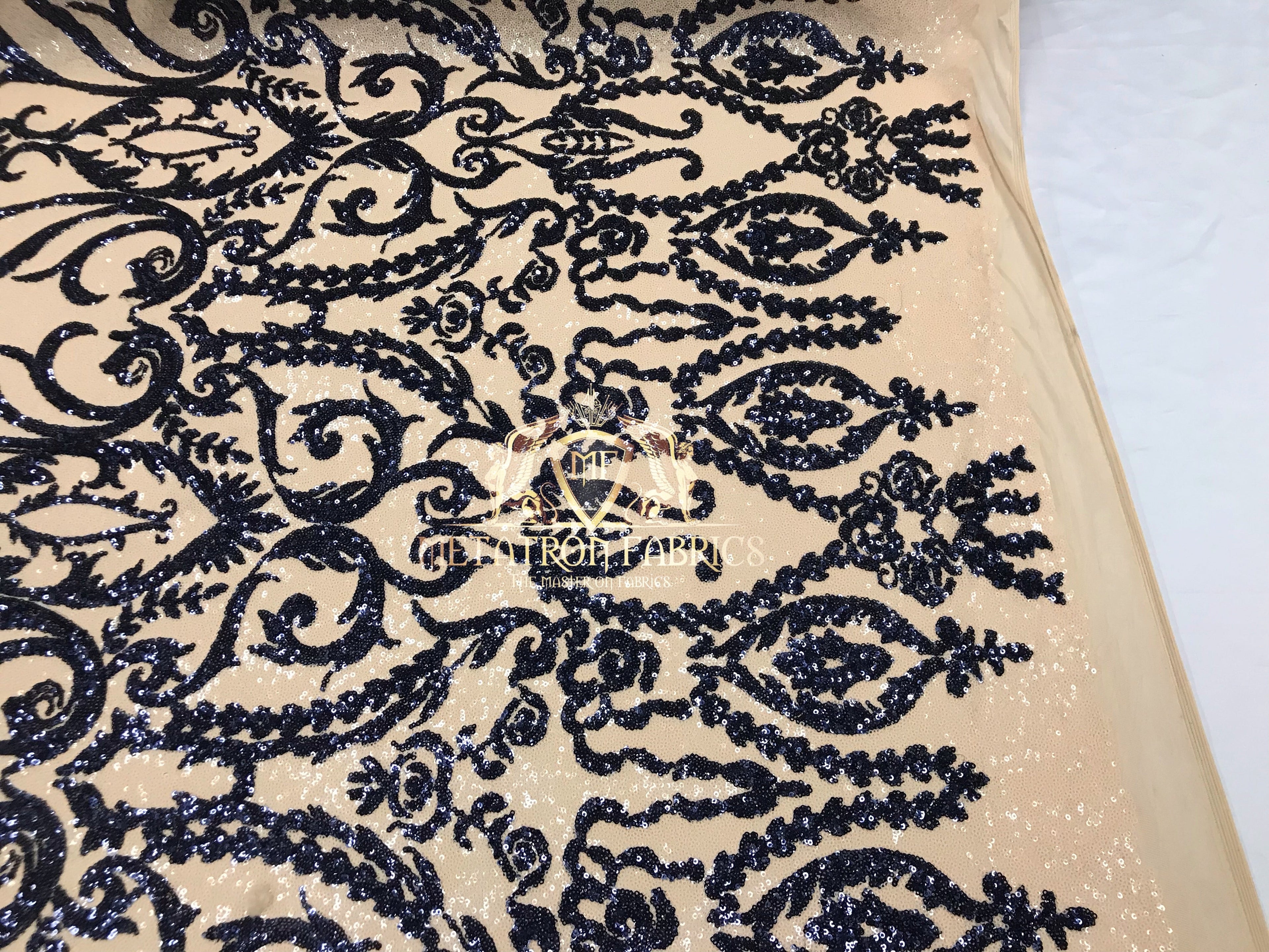 Two Tone Sequins - Navy / Nude - 4 Way Stretch Fancy Design Mesh Fabric Sold By The Yard