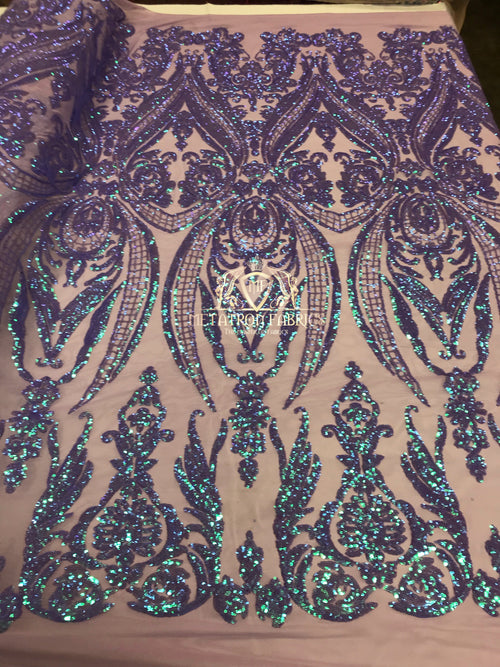 1 yard 1/2 Big Damask Sequins Fabric - Iridescent Lilac - 4 Way Stretch Damask Sequins Design Fabric