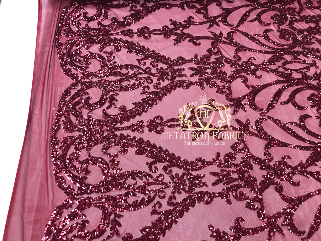 4 Way Stretch - Burgundy - Sequins Damask Design Fabric Embroidered On Mesh Sold By The Yard
