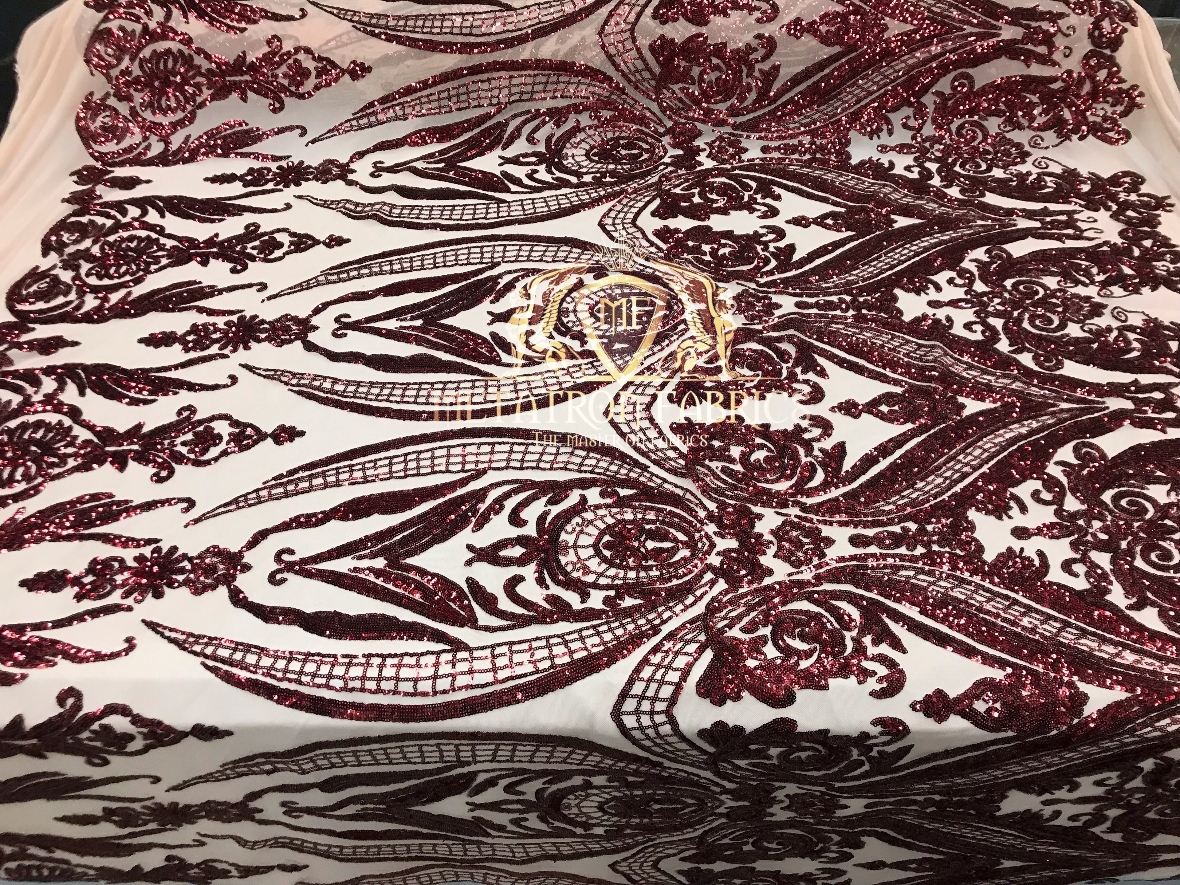 Big Damask Sequins Fabric - Burgundy - 4 Way Stretch Damask Sequins Design Fabric By Yard