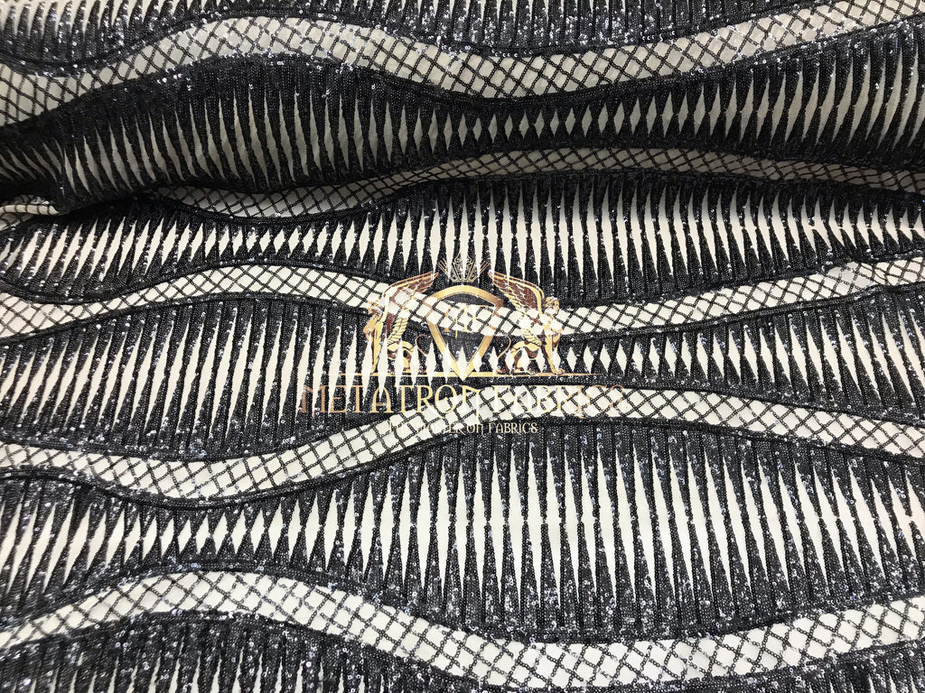 4 Way Stretch - Black - Horizontal Line Design Sequins On Stretch Mesh By The Yard