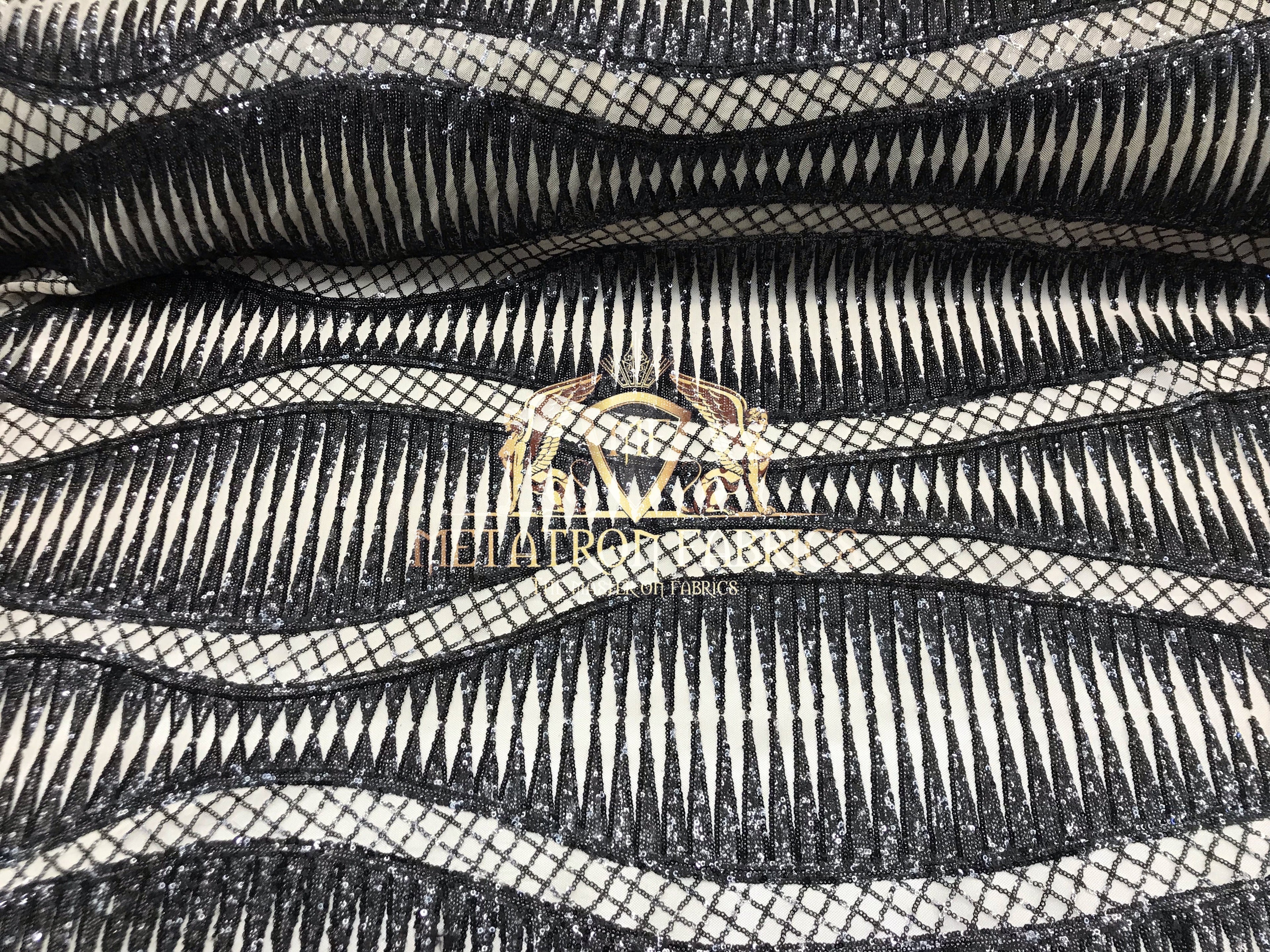 4 Way Stretch - Black - Horizontal Line Design Sequins On Stretch Mesh By The Yard