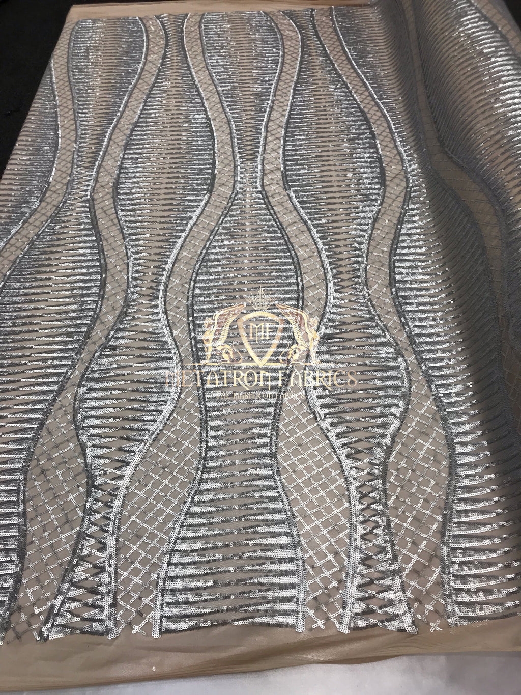 4 Way Stretch - Silver  - Horizontal Line Design Sequins On Stretch Mesh By The Yard