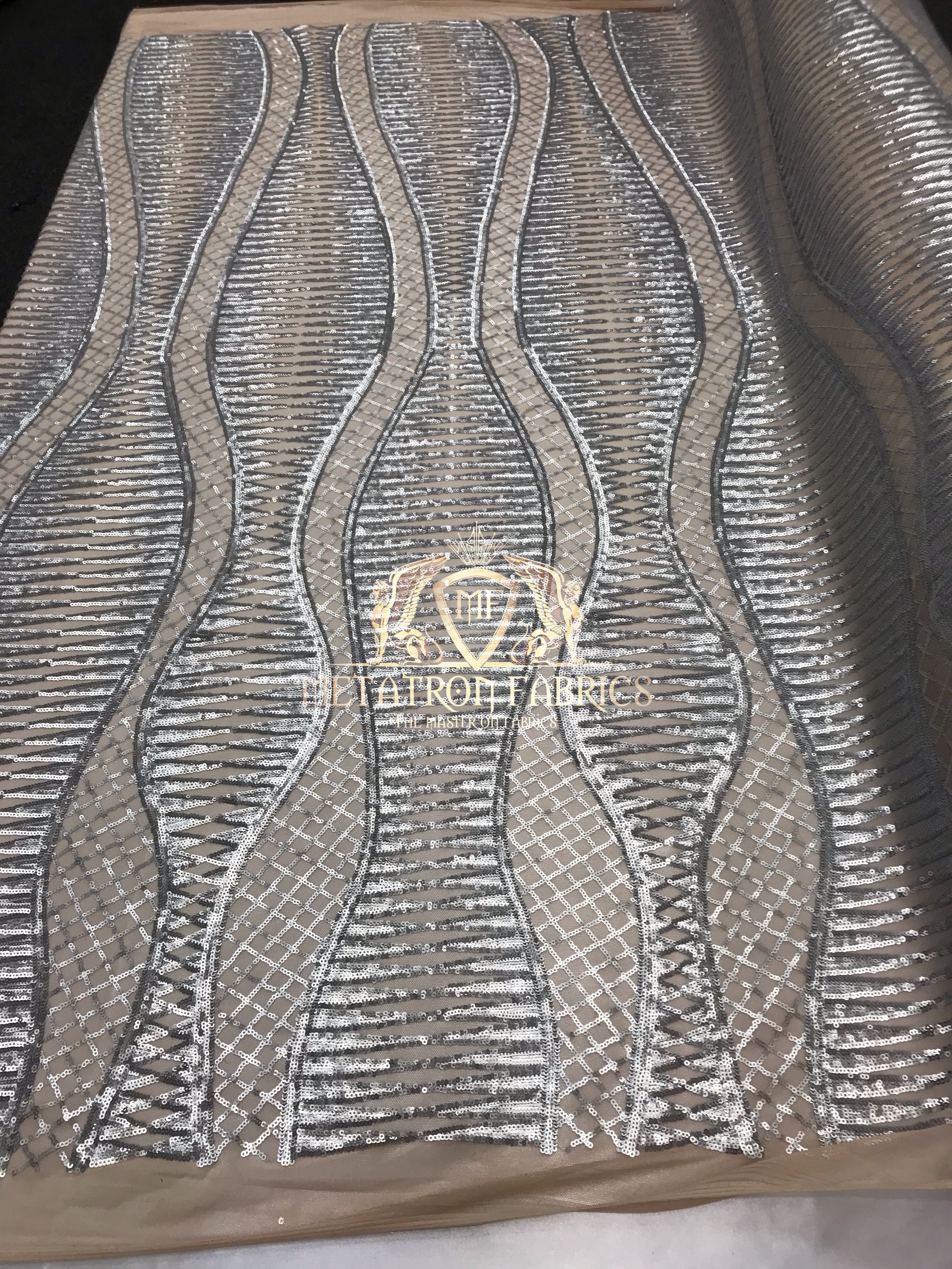 4 Way Stretch - Silver  - Horizontal Line Design Sequins On Stretch Mesh By The Yard