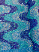 Wavy Line Velvet Sequins - Lavender / Mint / Clear Iridescent - Velvet Sequins 2 Way Stretch Fabric 58/60” By Yard