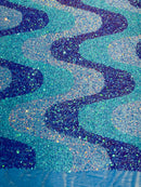 Wavy Line Velvet Sequins - Lavender / Mint / Clear Iridescent - Velvet Sequins 2 Way Stretch Fabric 58/60” By Yard