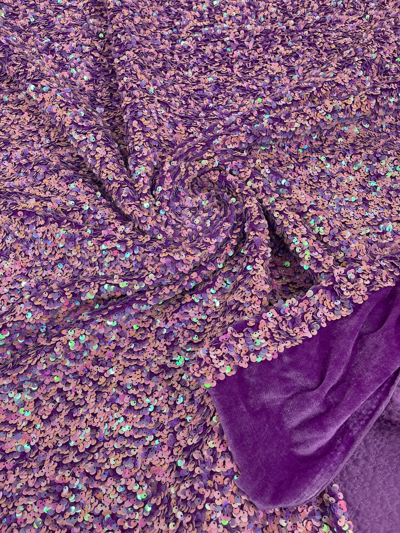 Stretch Velvet Sequins Fabric - Lavender / Pink Iridescent - Velvet Sequins 2 Way Stretch 58/60” By Yard