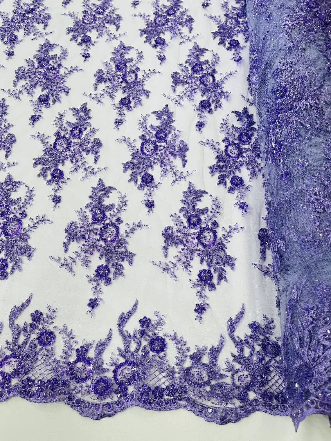 Beaded Flower Sequins Fabric - Lavender - Embroidered Beaded Floral Clusters Sequins Fabric By Yard