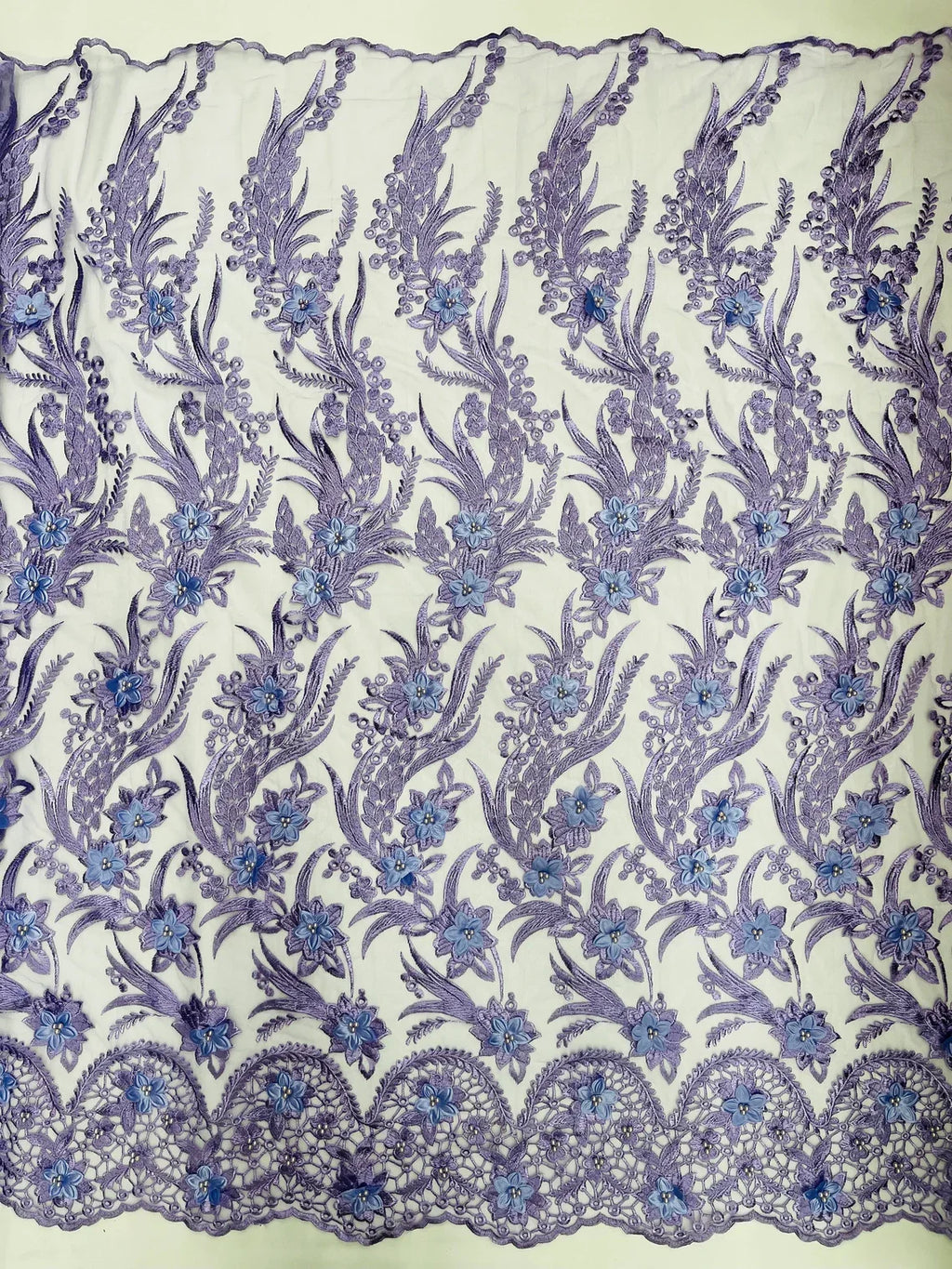 3D Floral Leaf Panels - Lavender - Embroidered 3D Flower Lines with Pearls on Lace By Yard