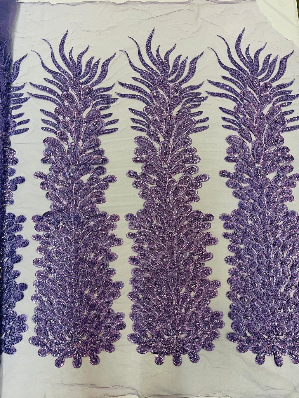 3D Beaded Peacock Feathers - Lavender - Vegas Design Embroidered Sequins and Beads On a Mesh Lace Fabric (Choose The Panels)