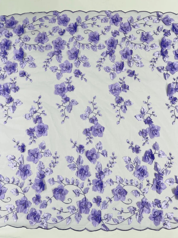 3D Floral Pearl Fabric - Lavender - Embroidered Floral Pearl Fabric Double Border On Mesh By Yard