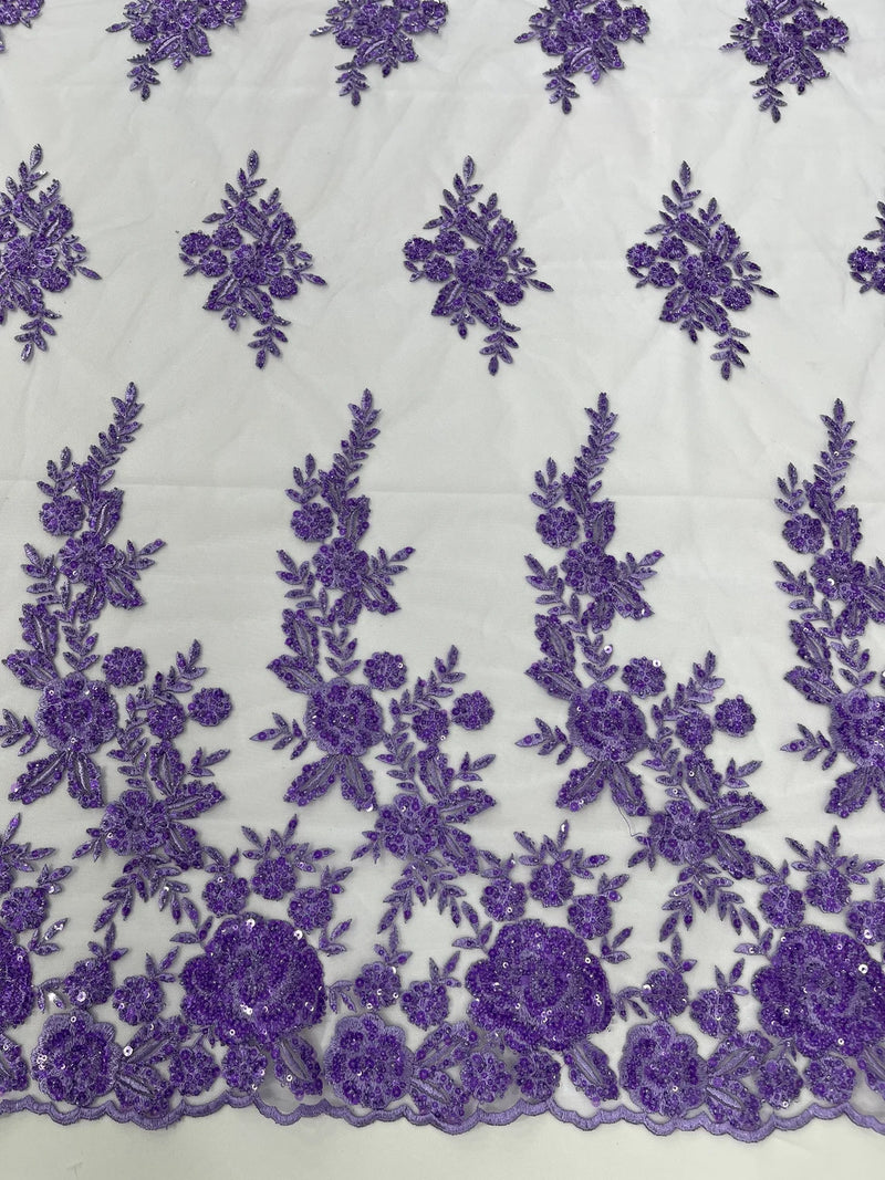 Beaded Rose Flower Fabric - Lavender - Embroidered Beaded Long Border Floral Fabric By Yard